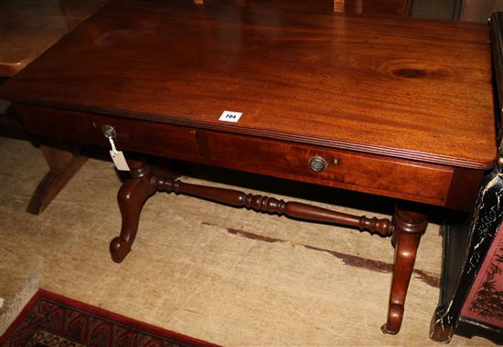 Victorian mahogany centre table on end supports with turned stretcher(-)